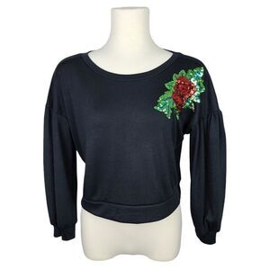 Boohoo Black Long Sleeve Shirt with Red & Green Sequin Rose Large